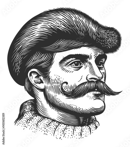 Vintage Style Man with Mustache and Hat Engraving Illustration