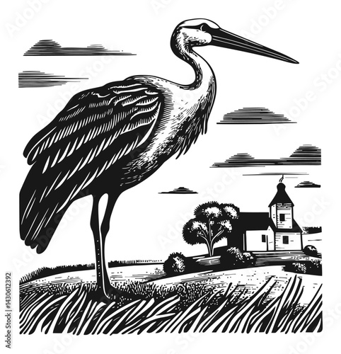Detailed Black and White Engraving of a Stork Near a Countryside Scene