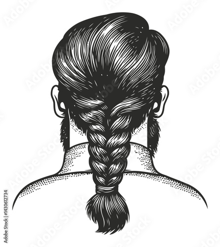 Detailed Black and White Engraving of Braided Hair from the Back