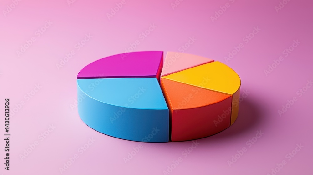 Obraz premium Colorful pie chart model on a pink background, ideal for illustrating data concepts.