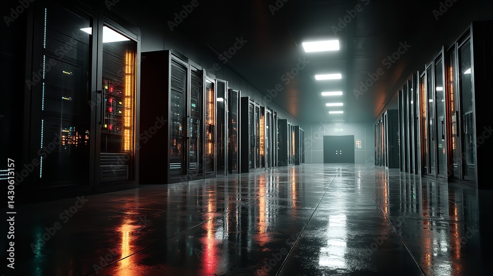 Fototapeta premium Computer racks in a dark tech server room. Critical systems are housed in a secure environment. Generative Ai