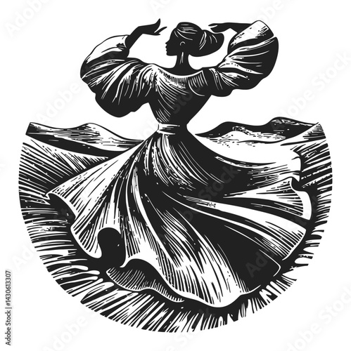 Elegant Woman in Dress Dancing in a Woodcut Style Illustration