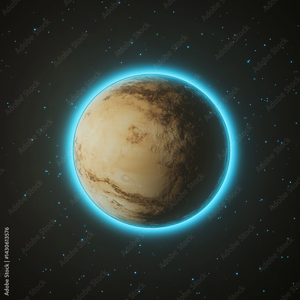 Obraz premium A planet in space that is a sublte beige colour with a bright blue aura glow around it