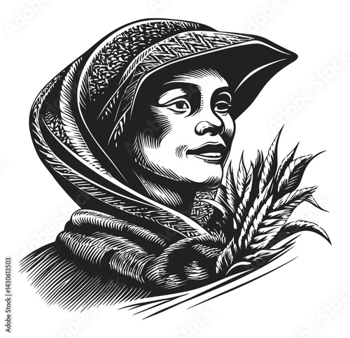 Engraved Portrait of Woman in Traditional Hat with Wheat Sheaf