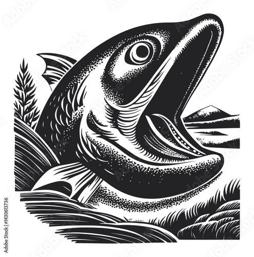 Engraved Illustration of a Fish in Woodcut Style Nature Scene