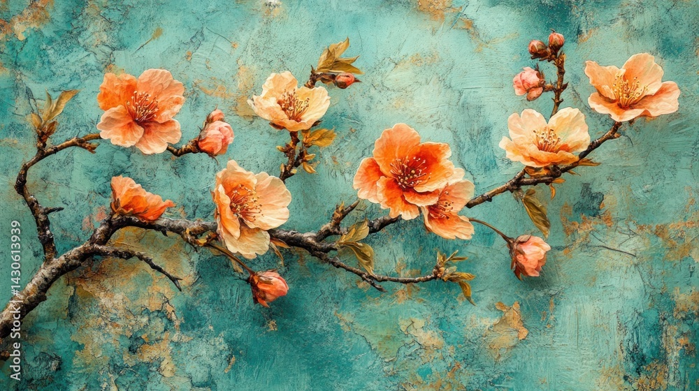 Fototapeta premium Delicate peach blossoms bloom on textured teal background.