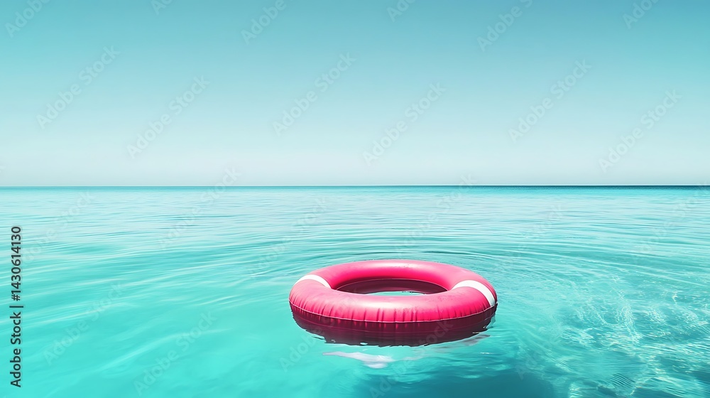Serene beach view with a pink life ring in calm sea Serene beach view with a pink life ring in calm sea