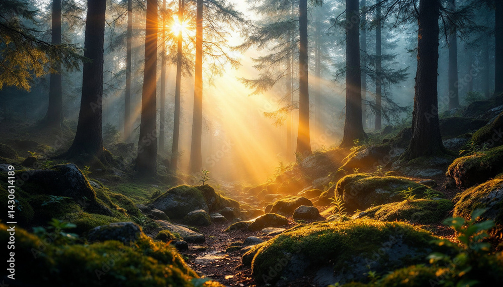 Fototapeta premium Sunlit misty forest at sunrise with pine trees, ethereal beams, and mountain views.