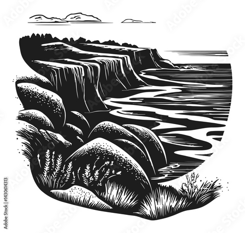 Black and White Engraving of Coastal Cliffs and Rocky Shoreline Scene