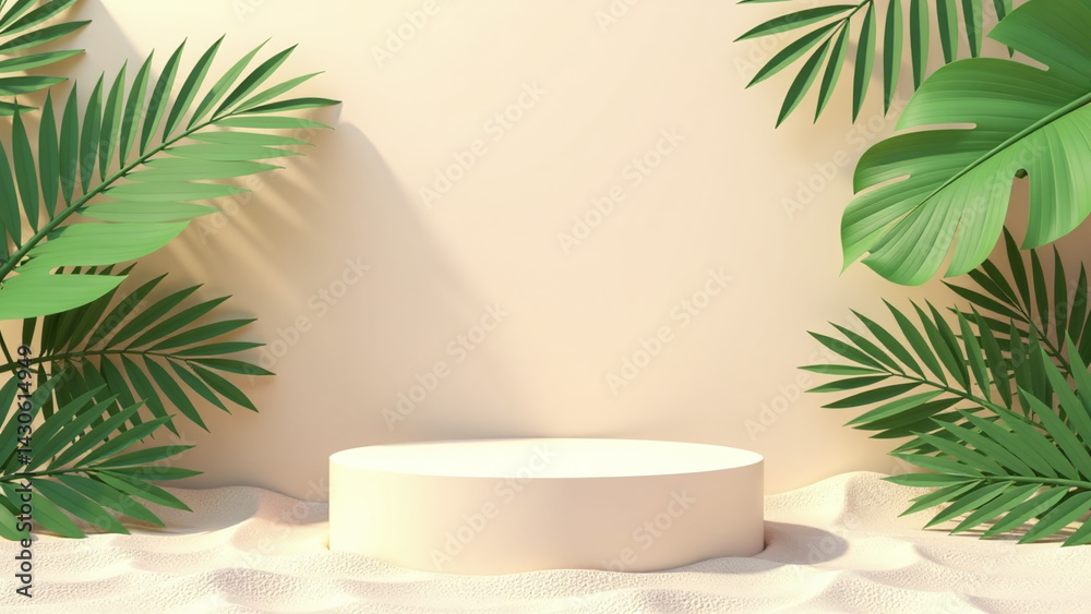 summer products displayed beachy backdrop featuring palm leaves sandy summer products displayed beachy backdrop featuring palm leaves sandy
