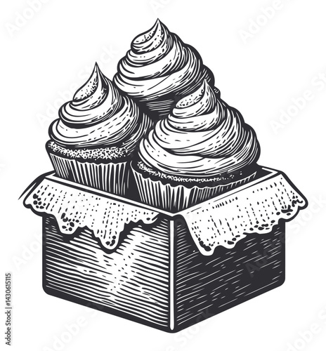 Vintage Style Woodcut Illustration of Three Cupcakes in Box