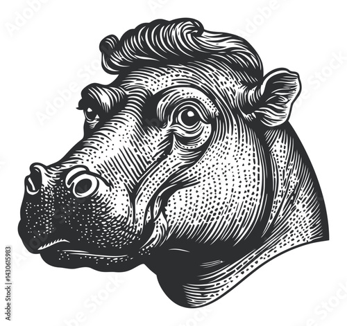 Detailed Hippo Head Engraving in Classic Woodcut Illustration Style