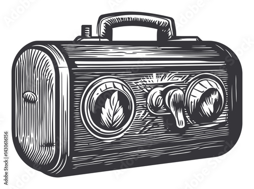 Vintage Wooden Boombox Engraving in Classic Woodcut Style