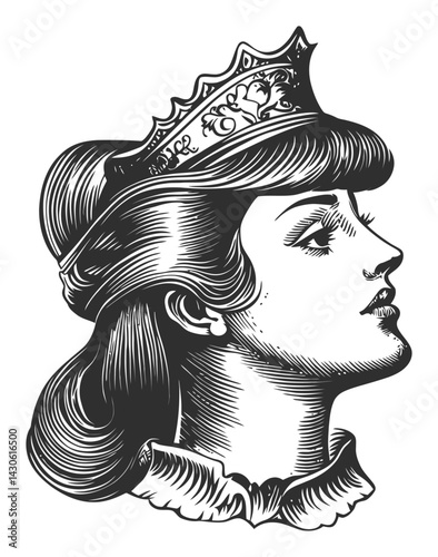Elegant Engraving of a Royal Woman with Crown and Intricate Details