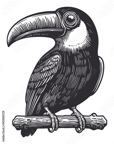 Detailed Woodcut Illustration of a Majestic Toucan Bird on a Branch
