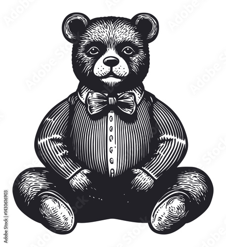 Vintage Black and White Engraving of a Teddy Bear in Formal Attire