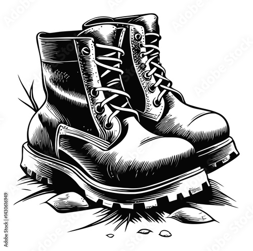 Vintage Style Engraved Illustration of Sturdy Work Boots