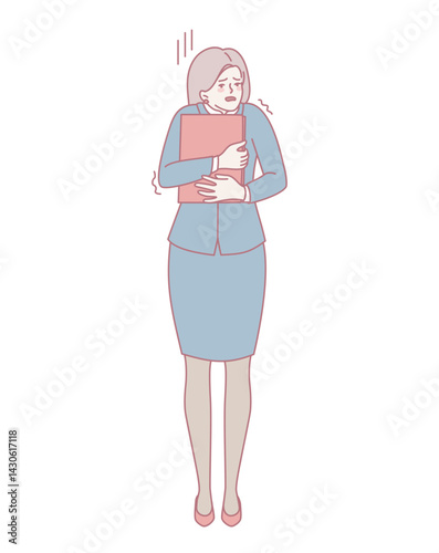 A stressed businesswoman tightly embracing her numerous files, visibly reflecting anxiety and pressure in the workplace