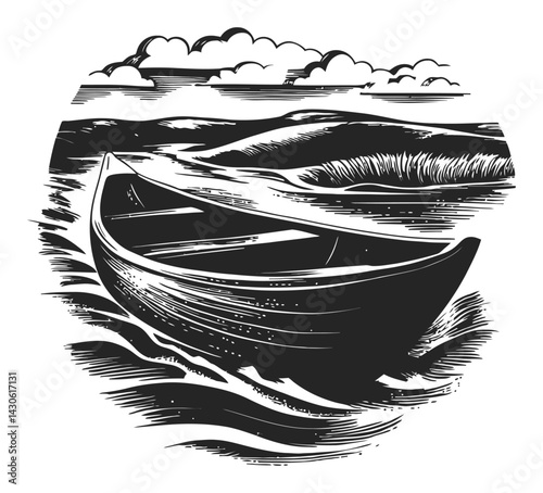 Black and White Engraving of a Rowboat on Calm Water Scene