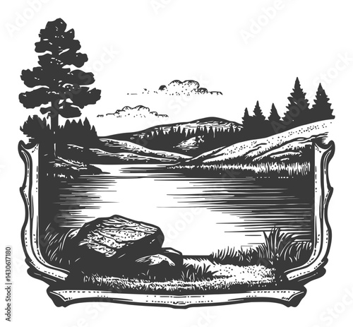 Scenic Engraved Landscape Illustration of Lake and Mountains