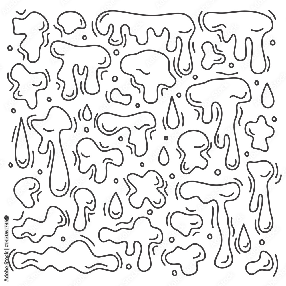 Fototapeta premium Doodle sketches of irregular dripping liquid shapes in black on white background
