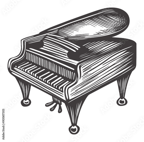 Detailed Woodcut Illustration of a Grand Piano in Classic Style