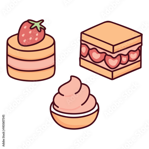 Set of three strawberry desserts including cream tart, sponge cake with filling and pink mousse. Sweet bakery treats with fruit decoration