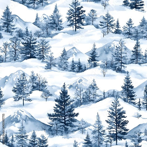 Watercolor Winter Landscape Snowy Mountains Pine Trees Seamless Pattern Blue Hues Cold Season Nature