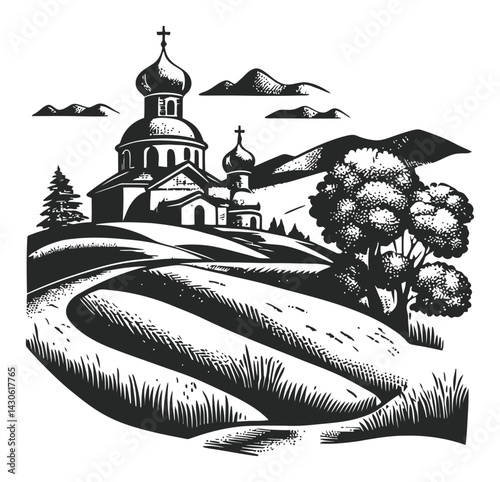 Engraving of a Church and Landscape in Woodcut Style