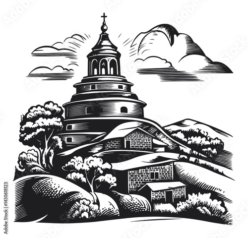 Detailed Woodcut Style Engraving of a Historic Tower Landscape Scene
