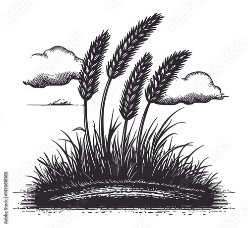 Vintage Woodcut Style Illustration of Grasses and Clouds