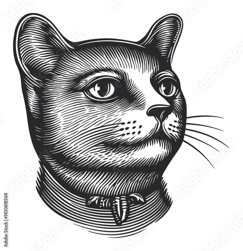 Detailed Engraving of a Cat Head in Vintage Woodcut Style