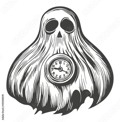 Spooky Ghost Illustration with Clock in Vintage Woodcut Style