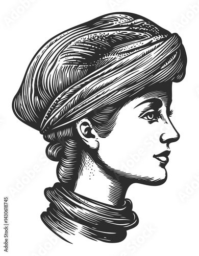 Elegant Engraving of a Woman in Vintage Woodcut Style Profile