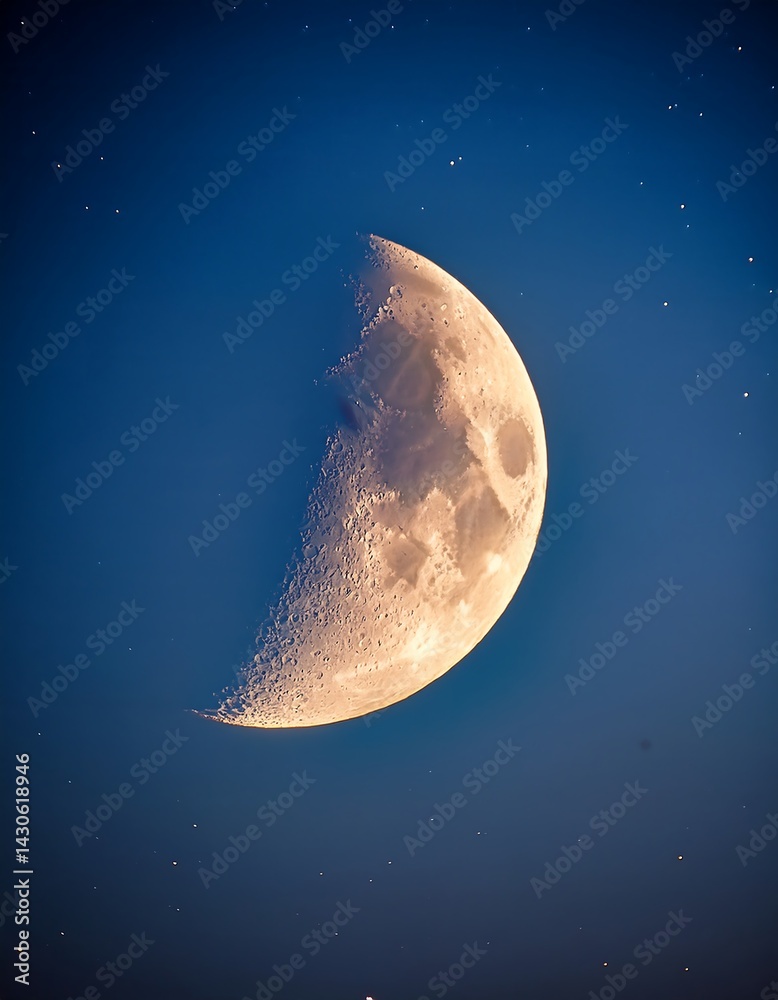 A detailed photograph of a half moon set against a clear blue sky during the daytime. The surface of the moon shows visible craters and textures, illuminated by sunlight - obrazy, fototapety, plakaty 
