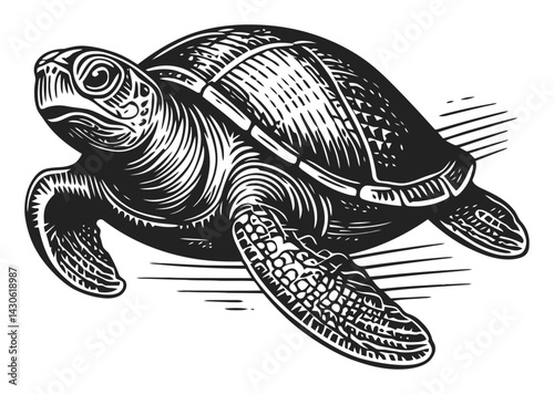 Detailed Woodcut Style Illustration of a Swimming Turtle