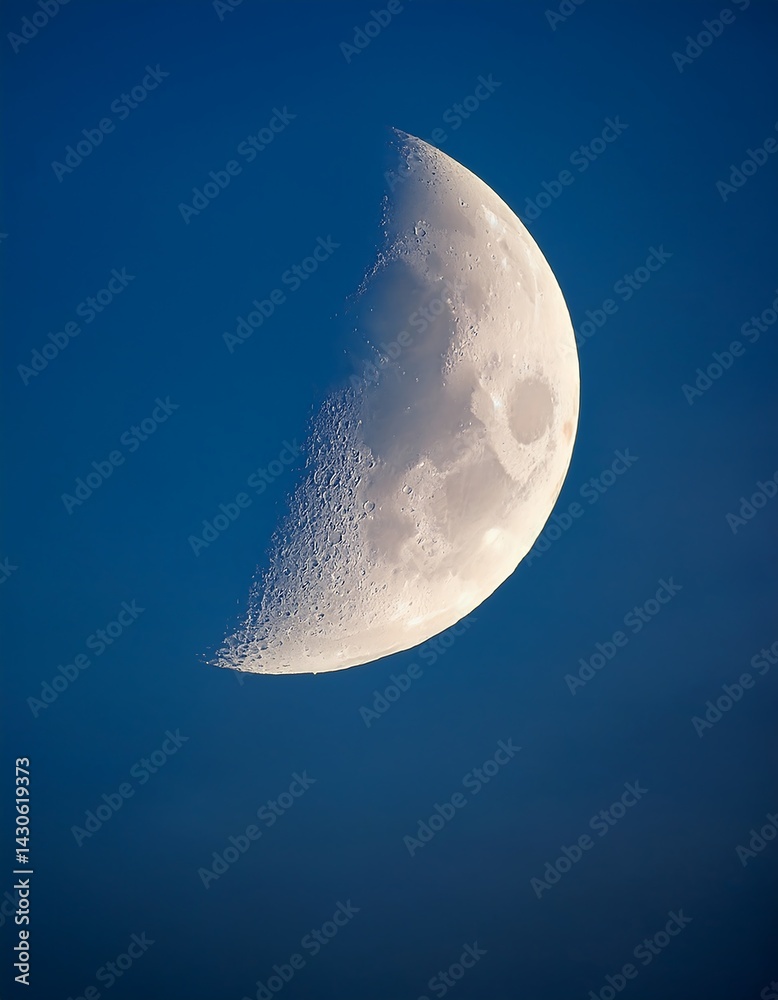 A detailed photograph of a half moon set against a clear blue sky during the daytime. The surface of the moon shows visible craters and textures, illuminated by sunlight A detailed photograph of a half moon set against a clear blue sky during the daytime. The surface of the moon shows visible craters and textures, illuminated by sunlight