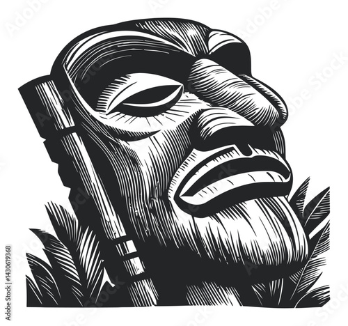 Detailed Woodcut Illustration of a Tribal Face Sculpture