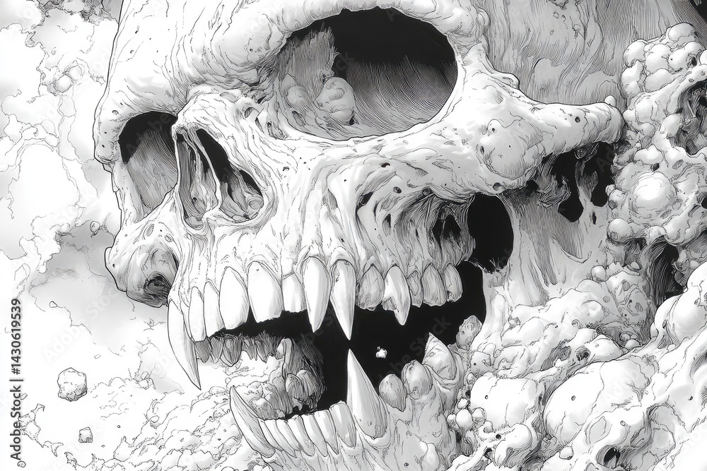 Fototapeta premium A detailed black and white illustration of a large skull