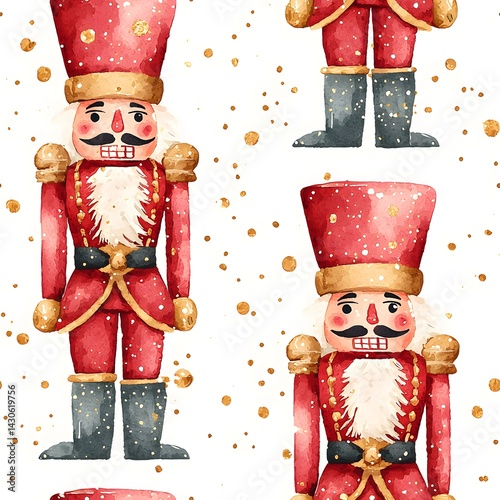 Festive Watercolor Nutcracker Soldier Seamless Pattern Red Gold Christmas Design Holiday Background