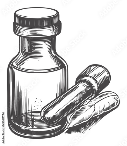 Vintage Engraving of Medicine Bottle and Dropper in Classic Style