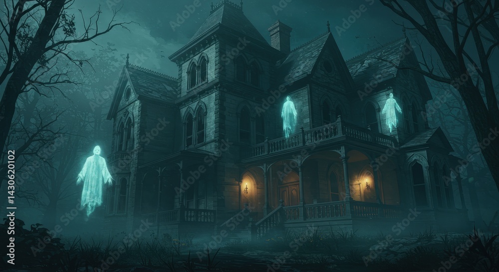 Fototapeta premium Spooky Mansion with Glowing Ghosts in Misty Night