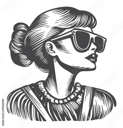 Elegant Vintage Woman in Sunglasses - Woodcut Engraving Style