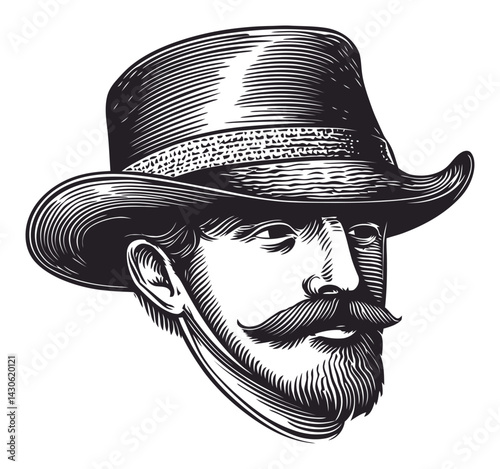 Vintage Engraved Portrait of a Man with a Hat and Mustache