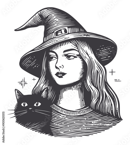 Enigmatic Witch Portrait with Cat in Classic Engraving Style