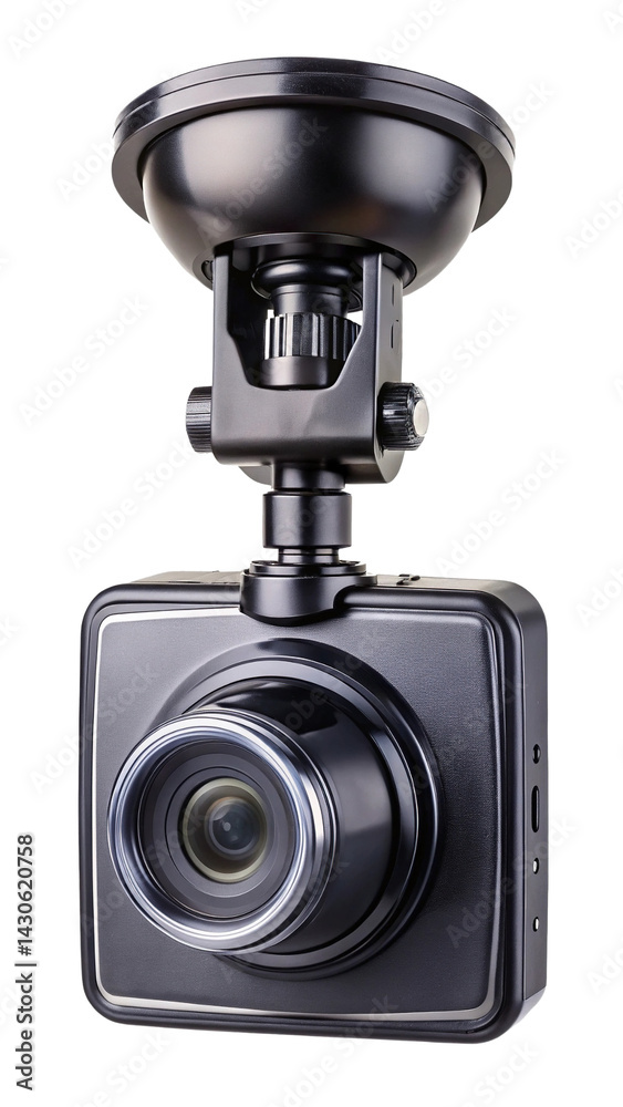 A highresolution image capturing a sleek black dashcam with suction cup mount A highresolution image capturing a sleek black dashcam with suction cup mount