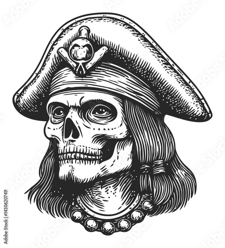 Detailed Engraving of a Skull in a Pirate Hat with Intricate Design
