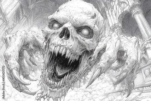 A fearsome skull creature is emerging from an old structure