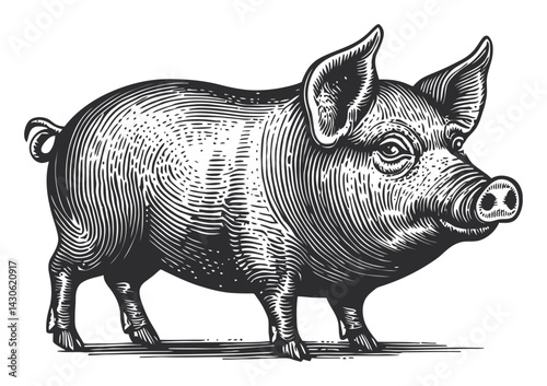 Detailed Engraving of a Pig in Classic Woodcut Illustration Style
