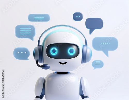3D friendly robot wearing a headset is ready to assist with your inquiries